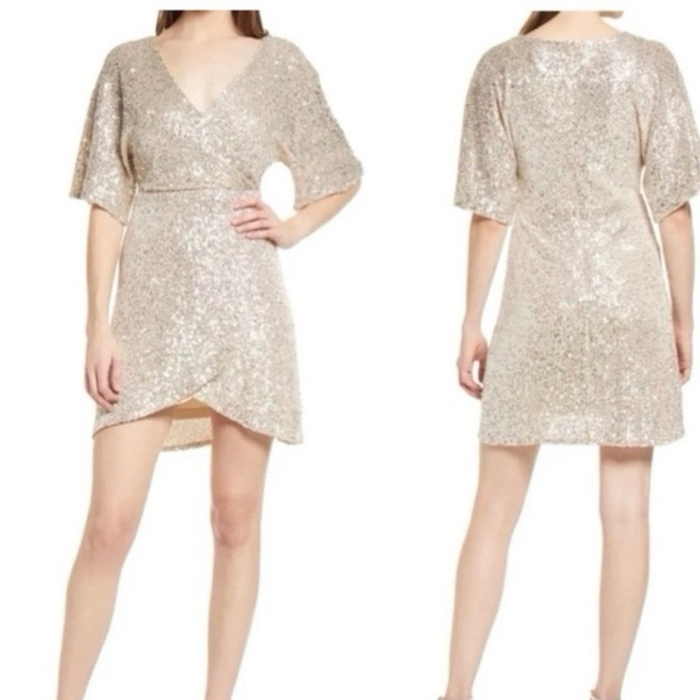 Lulu's Women’s Gold Sequin Faux Wrap Short Sleeve Mini Party Dress Size Med EUC